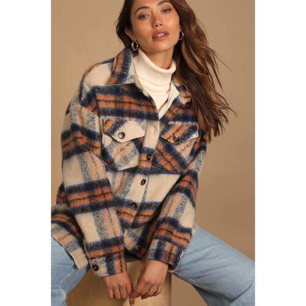Lulus Cozy Callings Beige Multi Plaid Shacket - Size L